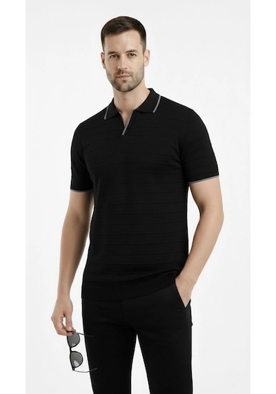 Barlashive Erkek Yazlık Dokuma Triko Tişört Düğmesiz Polo Yaka Kısa Kol T-shirt - Siyah Çok Renkli