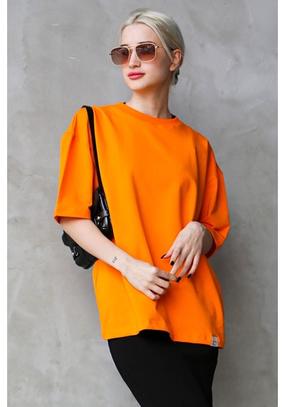 Madmext Turuncu Bisiklet Yaka Basic Oversize T-shirt Mg1687-turuncu Turuncu