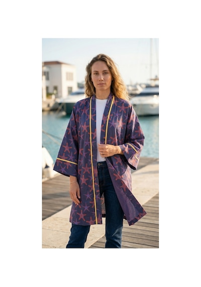 Lila Mare Pamuk Kumaşlı Kimono Renkli Renkli