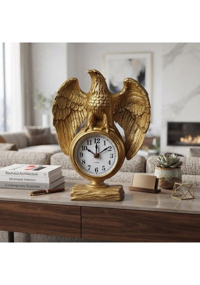 Dekoratif Ofis Çalışma Alanınıza Şıklık Katan Güçlü İhtişamlı Kartal Masa Saati Biblo Hediye 21x13cm