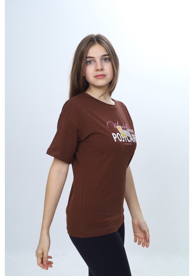 Toontoy Kids Toontoy Kız Çocuk Bisiklet Yaka Düşük Omuz Kısa Kollu Baskılı Tişört 24971 Koyu Kahverengi