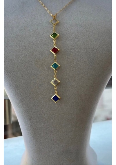 Kadın Gold Renk Çok Renkli Zirkon Taşlı Y Model Kolye