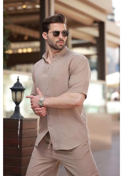 Madmext Camel Basic Erkek Şort Gömlek Takım E7321 CAMEL