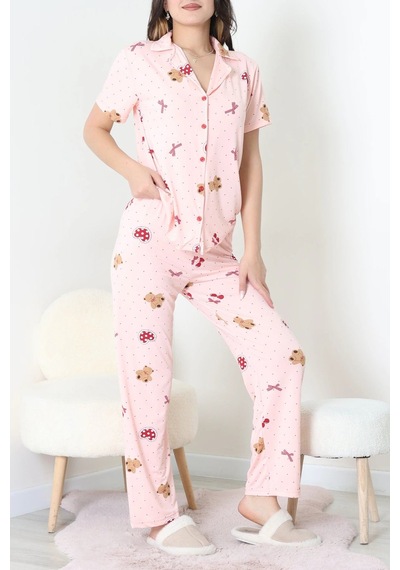 Modi Milan Kumaş Düğmeli Pijama Takımı Pudra - 750.1287. Açık Bej - Siyah