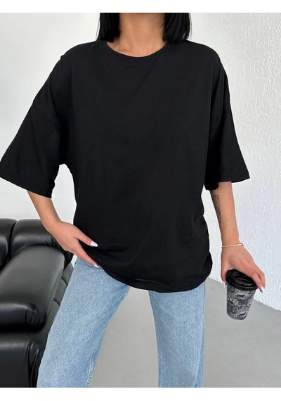 Kadın Düz T-shirt Kısa Kol Bisiklet Yaka Oversize Tişört - Siyah