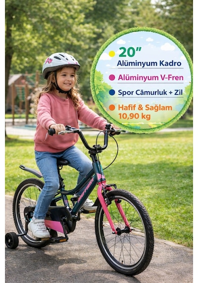 20 Jant Alüminyum Kadro V Fren Çocuk Bisikleti Zilli Çamurluklu Pembe Antrasit 10,90 Kg 20x1,75 Spor
