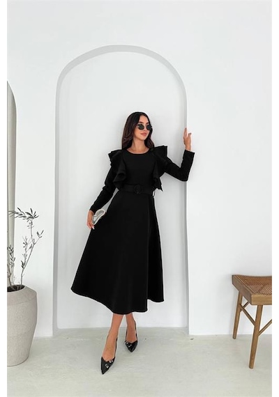 Neşeli Butik Kadın Kol Fırfırlı Kemerli Midi Boy Elbise Nbk4309 Siyah