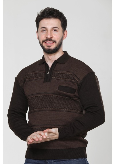 Kzc Tekstil Erkek Baba Orta Yaş Ve Üzeri Triko Örgü Akrilik Kışlık Regular Fit Cepli Fermuarlı Polo Yaka Kazak Kahverengi