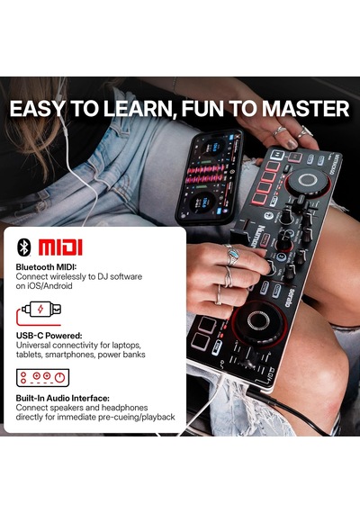 Mixtrack Go Kompakt Bluetooth Dj Controller 2 Deck, Stems Kontrolü, Smart Fader, Kapasitif Dokunmatik Jog Wheel, Us