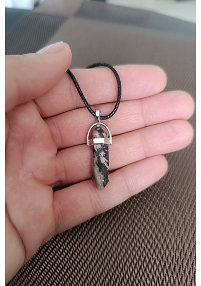 Unisex Rodonit Doğal Taş Kolye Çivi Kesim Deri İpli Kolye 56 Cm Deri İpli Kolye 56 Cm