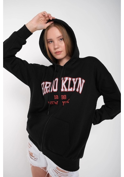 Tarzsokak Kadın Siyah Brooklyn Baskılı Oversize Hırka Brooklynhırka