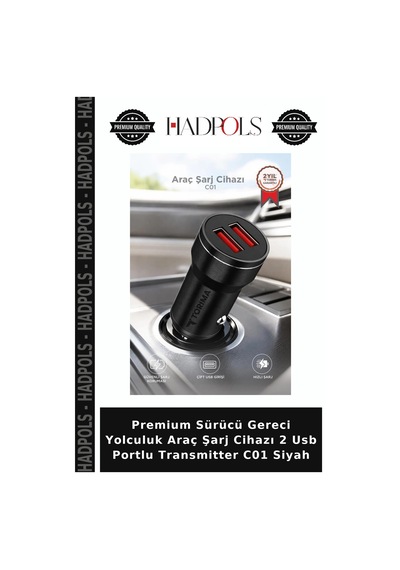 Premium Sürücü Gereci Yolculuk Araç Şarj Cihazı 2 Usb Portlu Transmitter C01 Siyah