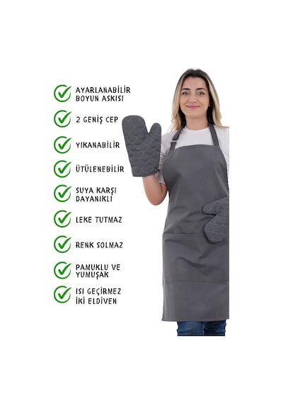 Simple 3lü Set Ayar Askılı Cepli Mutfak Önlüğü Seti 2 Eldiven Şef Garson Kafe Aşçı Barista Füme