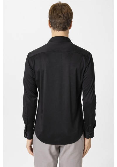 Süvari Siyah Slim Fit Armürlü Düğmeli Yaka Gömlek-34588 Siyah