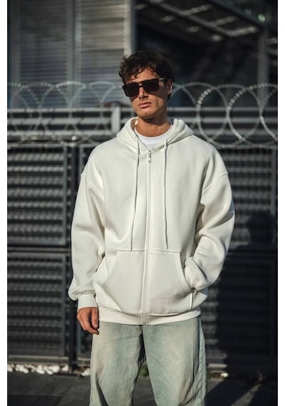 Erkek Tam Fermuarlı Cepli Kapüşonlu 3 İplik Pamuklu Hoodie Sweatshirt - Beyaz Beyaz