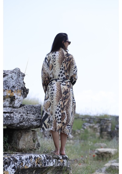 Befera Müslin Kimono Pamuklu Dijital Leopar Baskılı Bornoz Kaftan Sabahlık Kahverengi