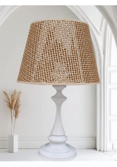 Faro Metal Abajur Beyaz Statik Boyalı Kahverengi Rattan Şapkalı Beyaz