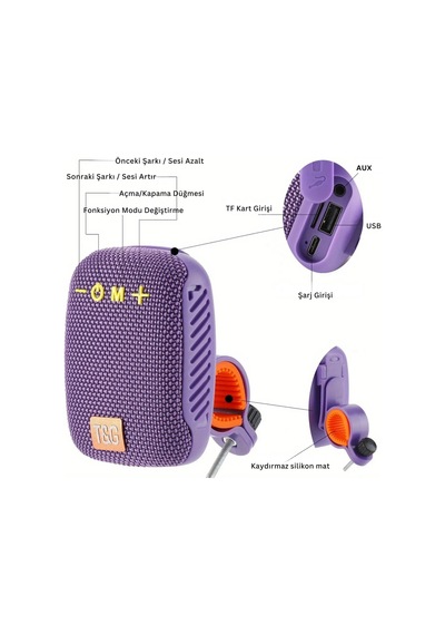 Etashop Bisiklet Bluetooth Hoparlör Taşınabilir Su Geçirmez Çift Bağlantı Fm Radyo Mor