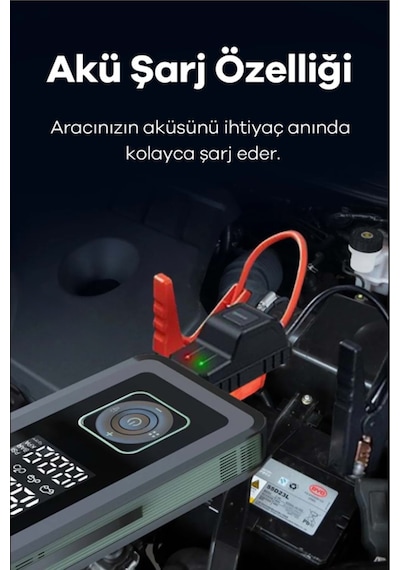Exenar - Siyah - Akü Takviye Cihazı Hava Pompası 150psi Powerbank 8000mah 1000a Jump Starter Marş Basma Led Fenerli