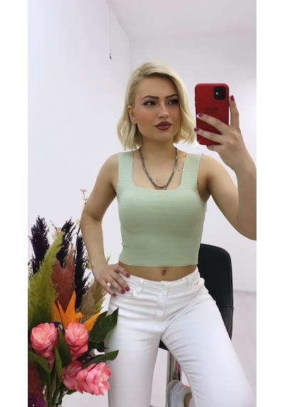 As Collection Yeşil Kalın Askılı Kare Yaka Kadın Bluz 001