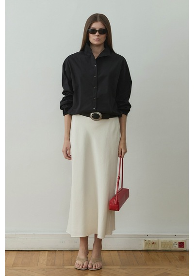 Suud Collection Ekru Leda Beli Lastikli Midi Etek