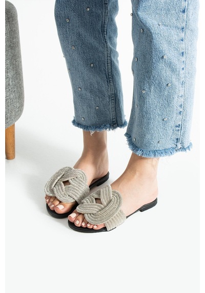 Dabab Shoes Lumıry Siyah Kadın Taşlı Düğümlü Bantlı Düz Işıltılı Terlik