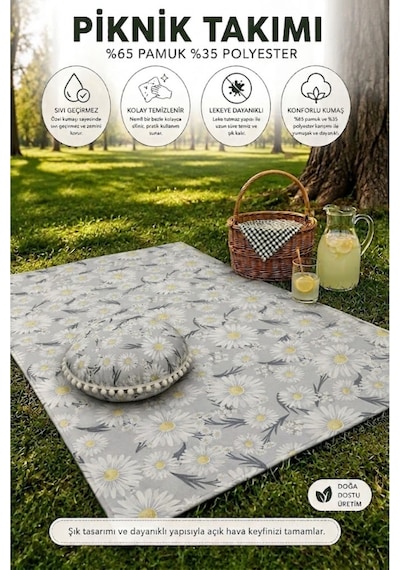 Piknik Matı Seti Gri Papatya Desenli Ponponlu Yuvarlak Yer Minderi Ve Su Geçirmez Piknik Örtüsü Çok Renkli