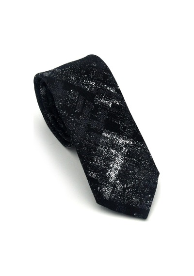 Gaffy Gri Desenli Siyah Dokuma Kumaş Mendilli Slim Fit Kravat // Sdk-2608-1 Siyah