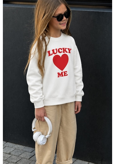 Monila Unisex Çocuk Kalp Baskılı 3 İplik Kumaş Pamuklu Sweatshirt Ekru