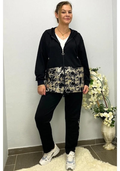 Mia Butik Kadın Siyah Varak Baskı Tasarımlı Takım Siyah