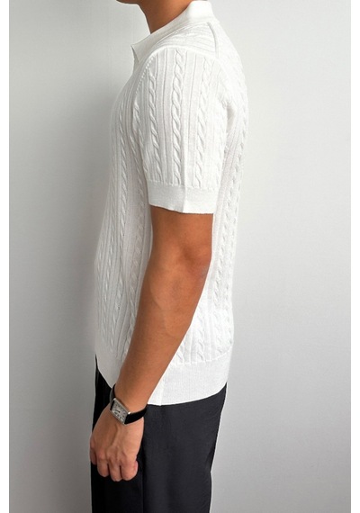 Erkek Fitilli Polo Yaka Triko T-shirt Beyaz