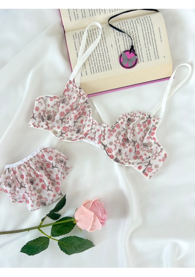 Arinda Butterfly Ekru Tül Çiçek Desenli Balenli Kapsız Fırfırlı Bralette Sütyen Tanga İç Çamaşırı Takımı Alt Üst 2 Parça