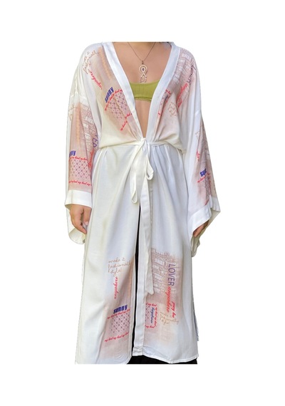 Lila Mare Çiçekli Yazılı Kimono Renkli Renkli