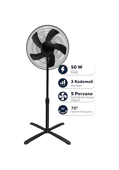 Kumtel Siyah 16 İnç Ayaklı Vantilatör 50 W, 5 Pervaneli, 3 Kademeli, 121 Cm Yükseklik