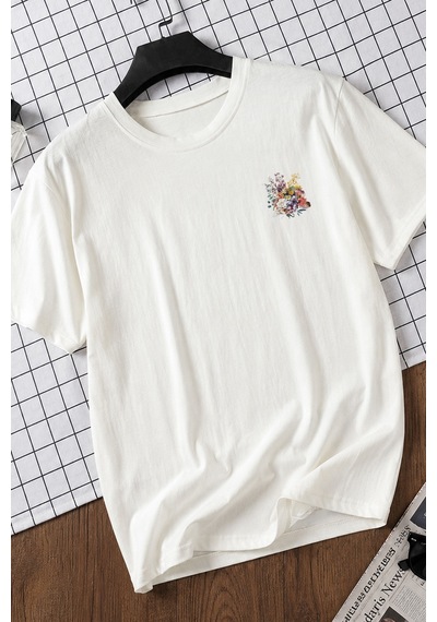 Spoyi Exquisite Bloom Tasarımlı %100 Pamuk Yarım Oversize Beyaz T-lhirt