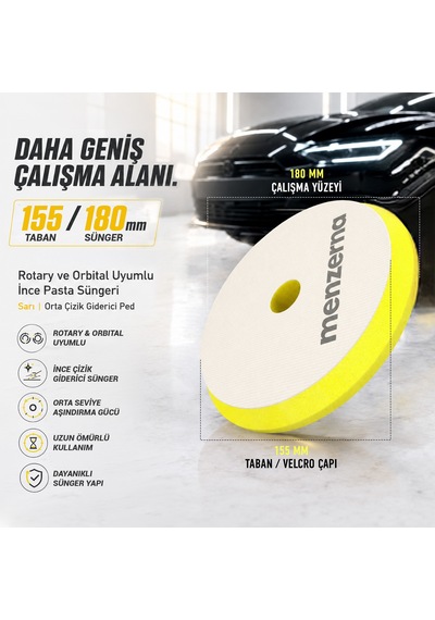 Menzerna İnce Pasta Süngeri 155/180mm - Sarı Rotary Ve Orbital Uyumlu Orta Çizik Giderici Ped
