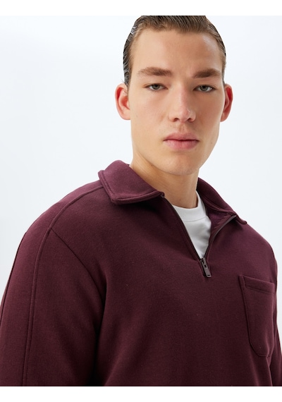 Koton Polo Yaka Sweatshirt Uzun Kollu Cep Detaylı Pamuk Karışımlı Bordo 5wam70061mk Bordo