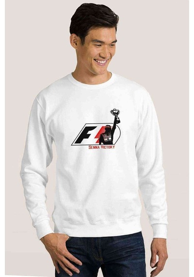 Senna Victory Baskılı Beyaz Erkek Örme Sweatshirt