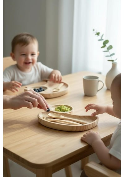 Ördek Figürlü Bambu Bebek Mama Seti Bölmeli Tabak + Kaşık Çatal Seti Bej