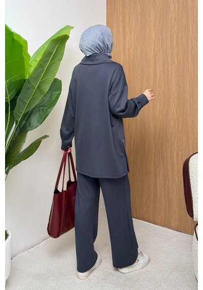 Mihran Butik Soho Elegance Yaka Detaylı Kadın Tesettür Alt Üst Takım Antrasit