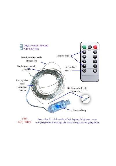 Upway 5 Metre Günışığı Kumandalı 50 Led Işık - Usb Dekoratif Aydınlatma Sarı
