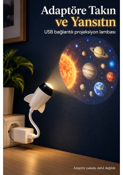 Usb Projeksiyon Lambası Değiştirilebilir Desen Kartlı Roket Tasarımlı Kopya Sarı