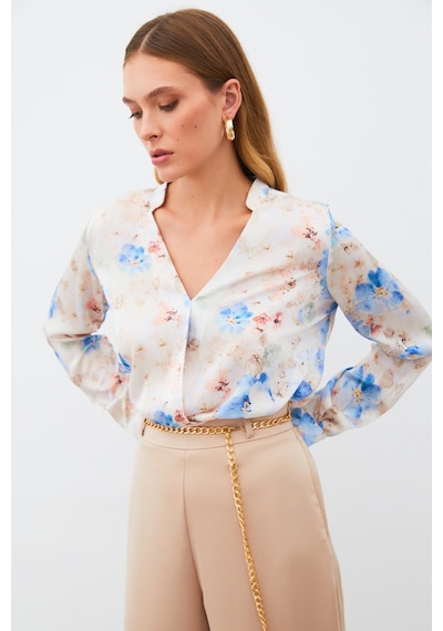 Sateen Desenli Kruvaze Bluz - Mavi-135215 Mavi