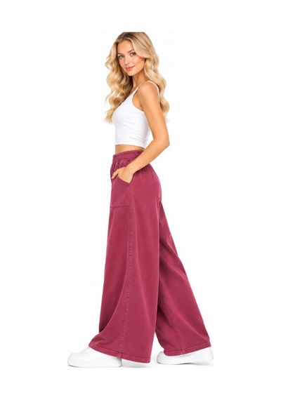 Duygu Altıntaş Kadın Yüksek Bel Lastikli Geniş Paça Cep Detaylı Premium Yıkanmış Efektli Pantolon Bordo - 932455634 Bordo - 932455634 Bordo