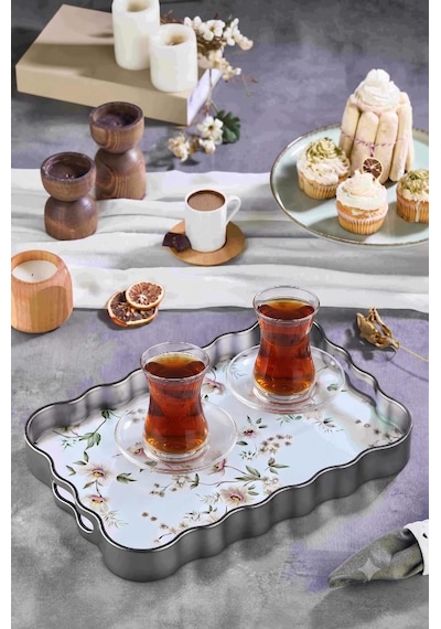 Dijital Baskılı Cam Servis Tepsisi Çiçek Motifli, 40x28 Cm
