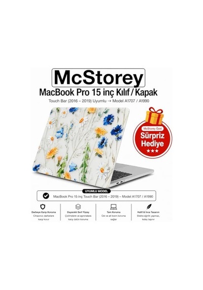 Macbook Pro 15 Çiçek Desenli Kılıf A1707 A1990 Uyumlu Baskılı Sert Kılıf İnce Hafif Koruyucu Kapak Sarı