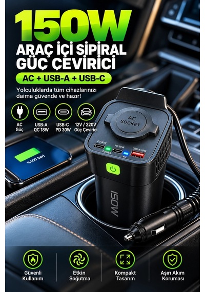 Kargo 150w Araç İçi Şarj Adaptörü 12v 220v Çakmaklık Girişli 30w Type-c 18w Usb Hızlı Şarj Najmaddin