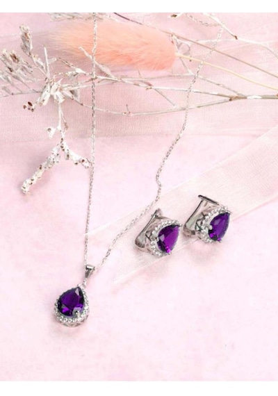 Brezza Lusso Jewelry 925 Ayar Damla Model Ametist Taşlı Gümüş Kadın Kolye Küpe Seti