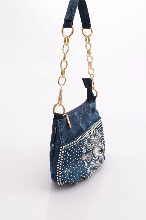 Guja C1090 Kadın Taşlı Denim Küçük Omuz Ve Çapraz Çanta Kot Lacivert