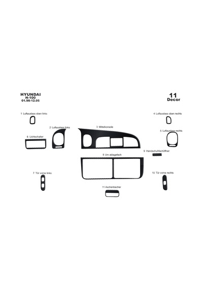 Hyundai H 100 Torpido Kaplama 1998-2004 11 Parça Siyah Karbon